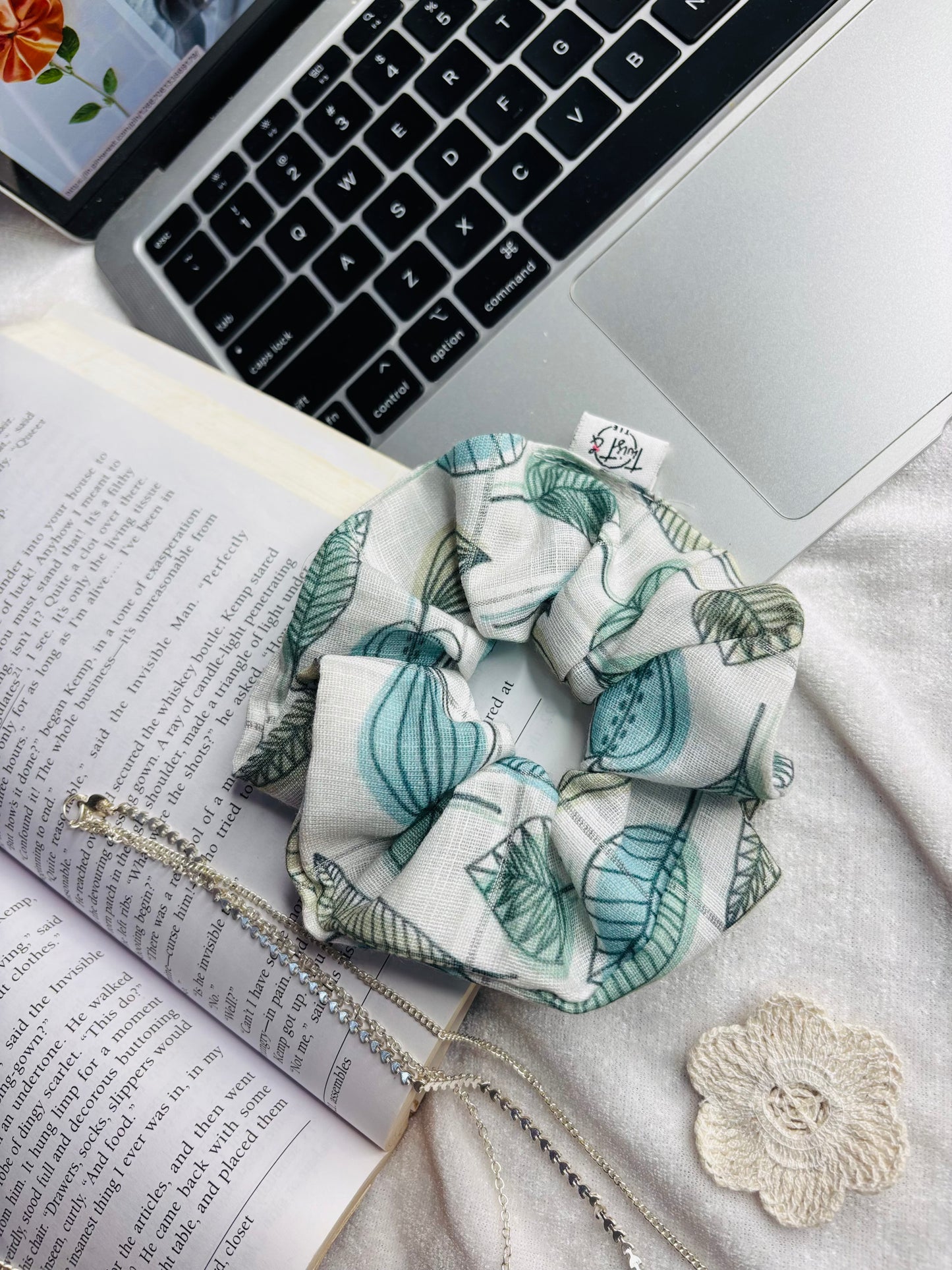 Botanical Leaf Cotton Scrunchie – Breathable Green & White Hair Tie by Twist & Tie