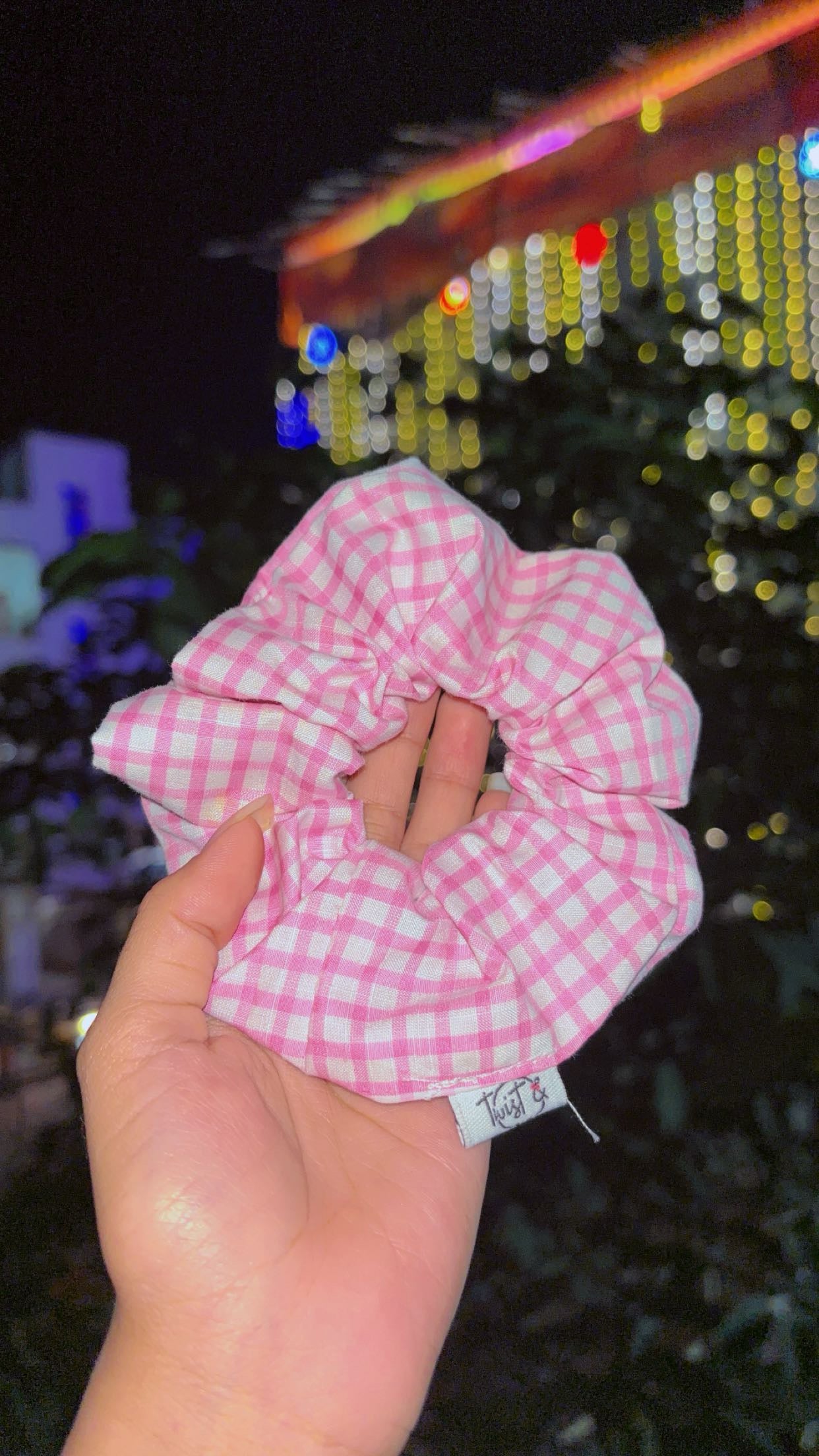 Pink Gingham Cotton Scrunchie – Vintage Checkered Hair Tie by Twist & Tie
