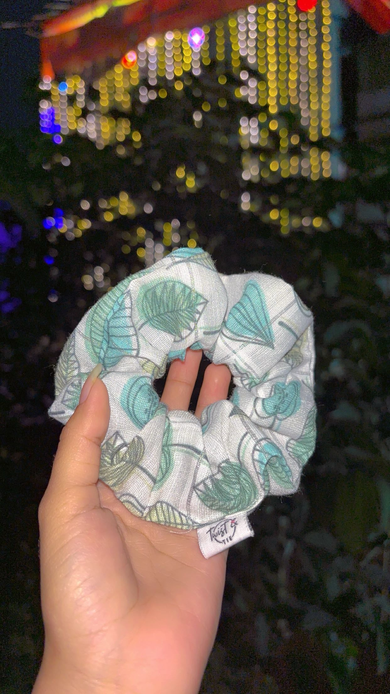 Botanical Leaf Cotton Scrunchie – Breathable Green & White Hair Tie by Twist & Tie
