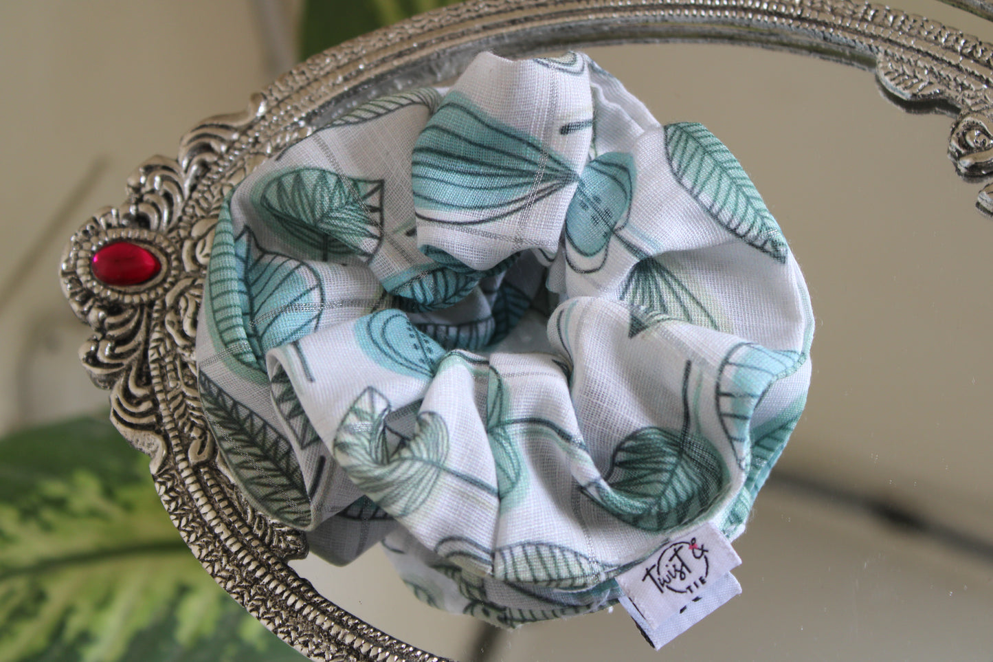 Botanical Leaf Cotton Scrunchie – Breathable Green & White Hair Tie by Twist & Tie