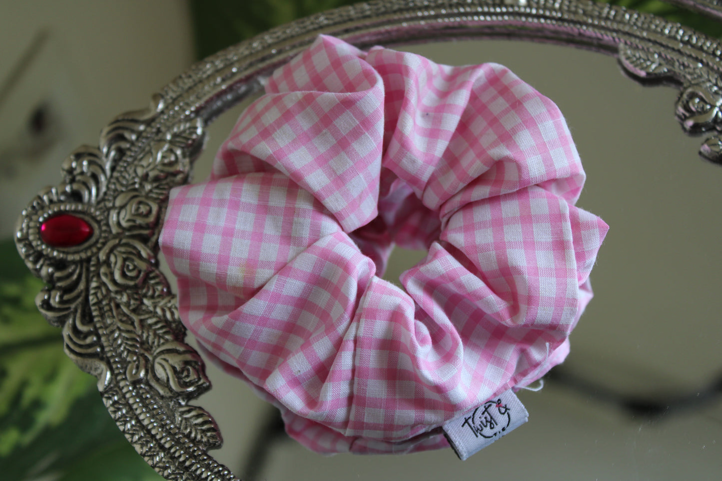 Pink Gingham Cotton Scrunchie – Vintage Checkered Hair Tie by Twist & Tie