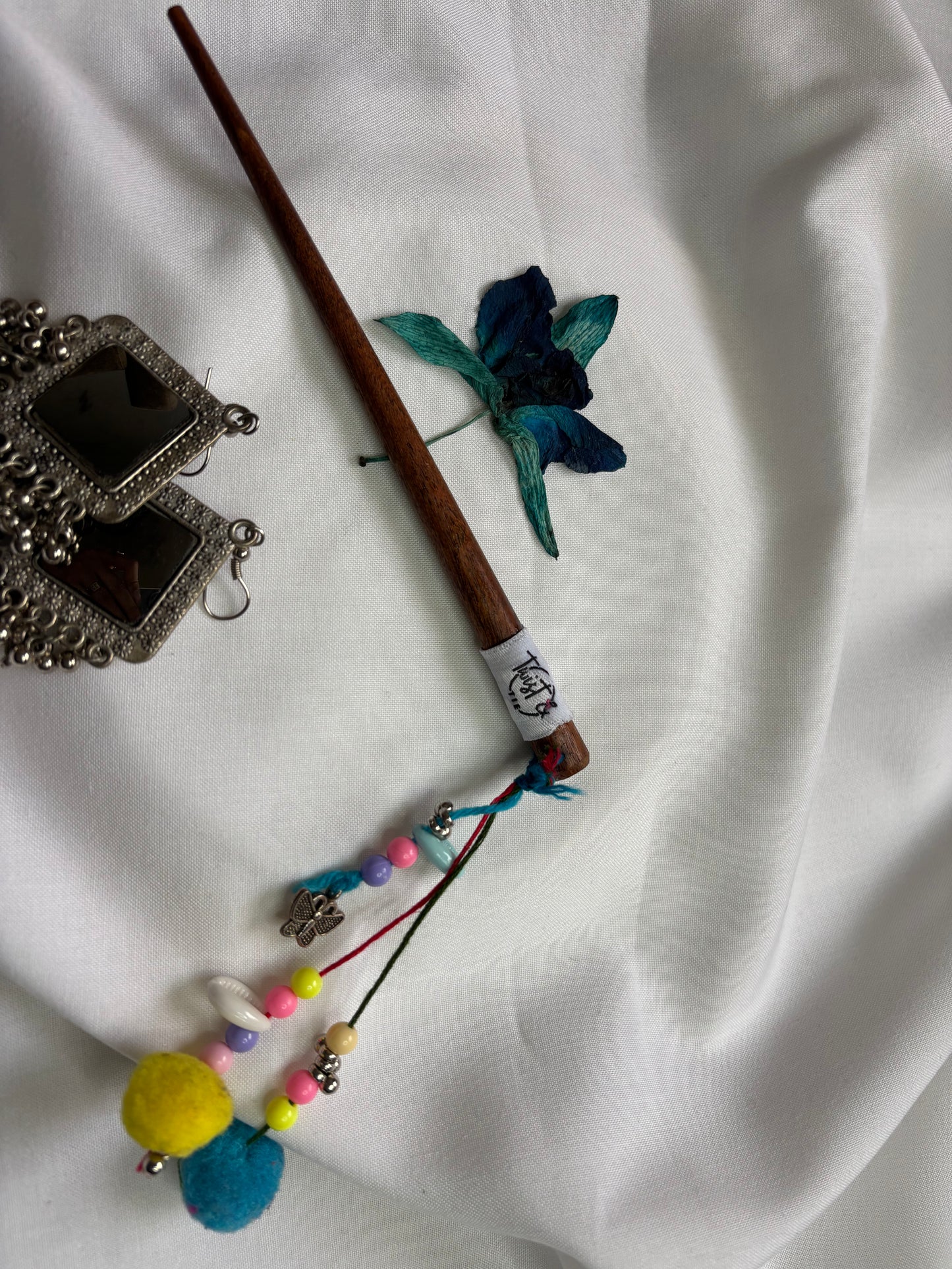 Wooden Juda Stick with Colorful Beads, Pom-Poms & Charms
