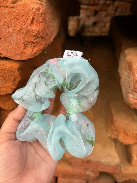 Floral Green & White Organza Scrunchie
