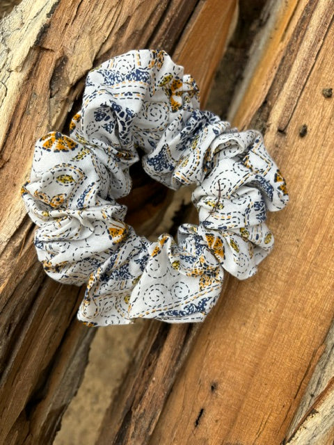 White Printed Cotton Scrunchie