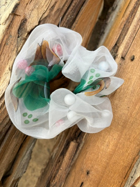 White & Green Floral Organza Scrunchie with Foam Beads