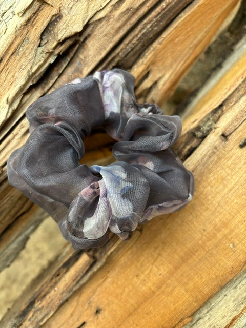 Grey & White Floral Organza Scrunchie