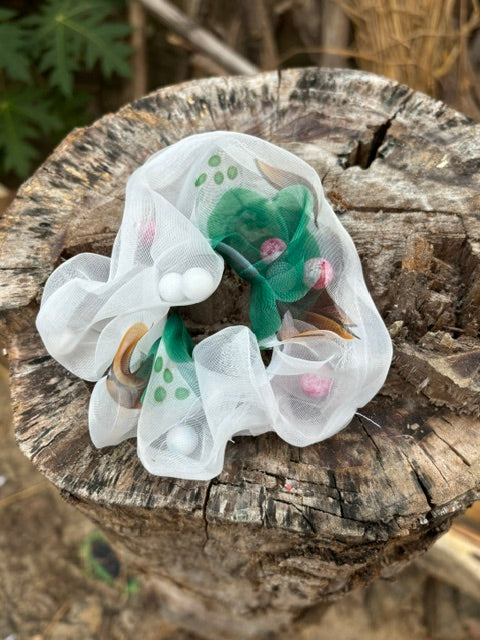 White & Green Floral Organza Scrunchie with Foam Beads