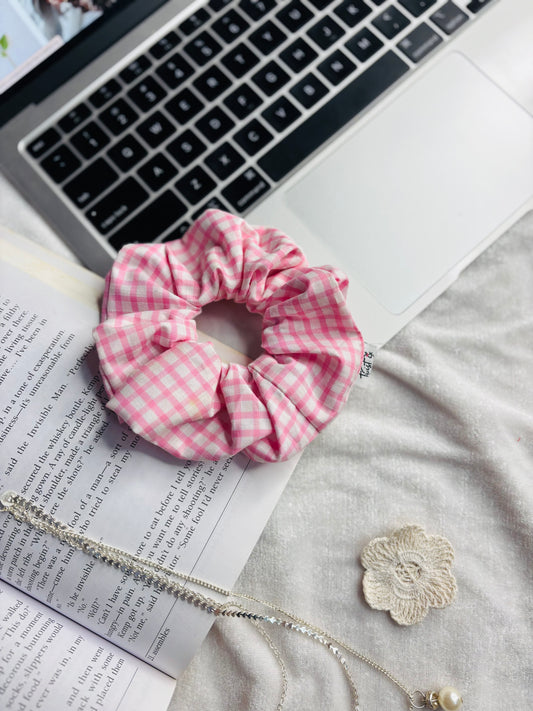 Pink Gingham Cotton Scrunchie – Vintage Checkered Hair Tie by Twist & Tie