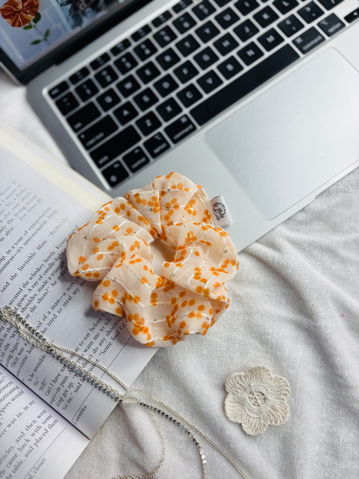 Orange Dot Sequin Georgette Scrunchie | Lightweight & Chic | Twist & Tie