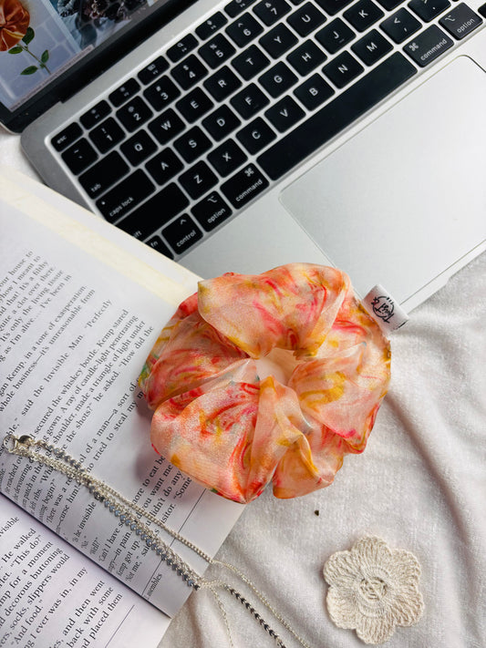 Peachy Orange Swirl Organza Scrunchie | Lightweight & Voluminous | Twist & Tie