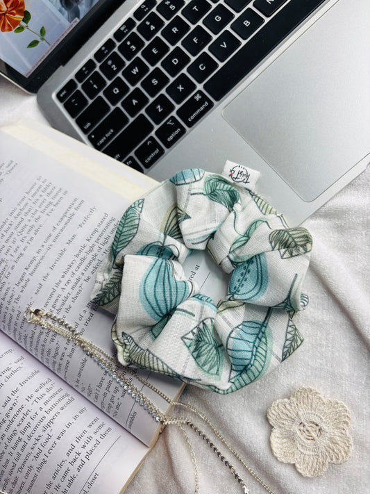 Botanical Leaf Cotton Scrunchie – Breathable Green & White Hair Tie by Twist & Tie