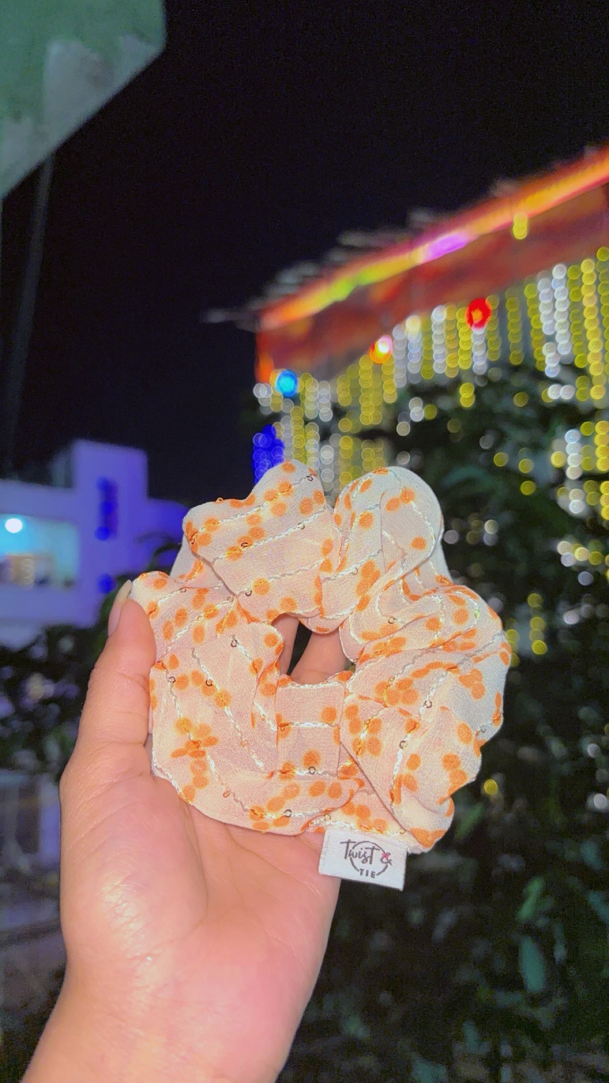 Orange Dot Sequin Georgette Scrunchie | Lightweight & Chic | Twist & Tie