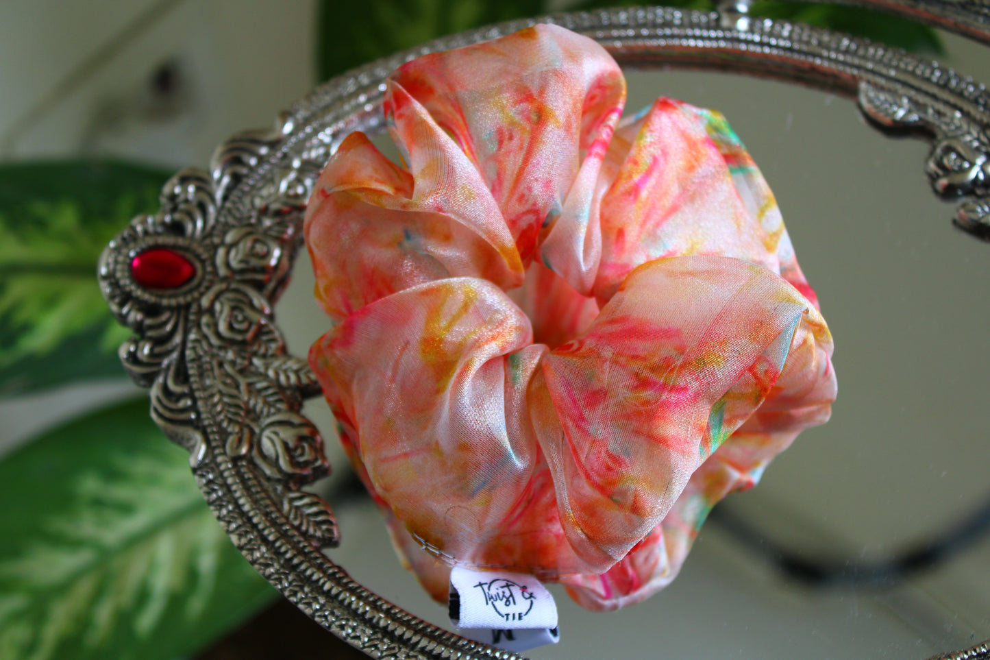 Peachy Orange Swirl Organza Scrunchie | Lightweight & Voluminous | Twist & Tie