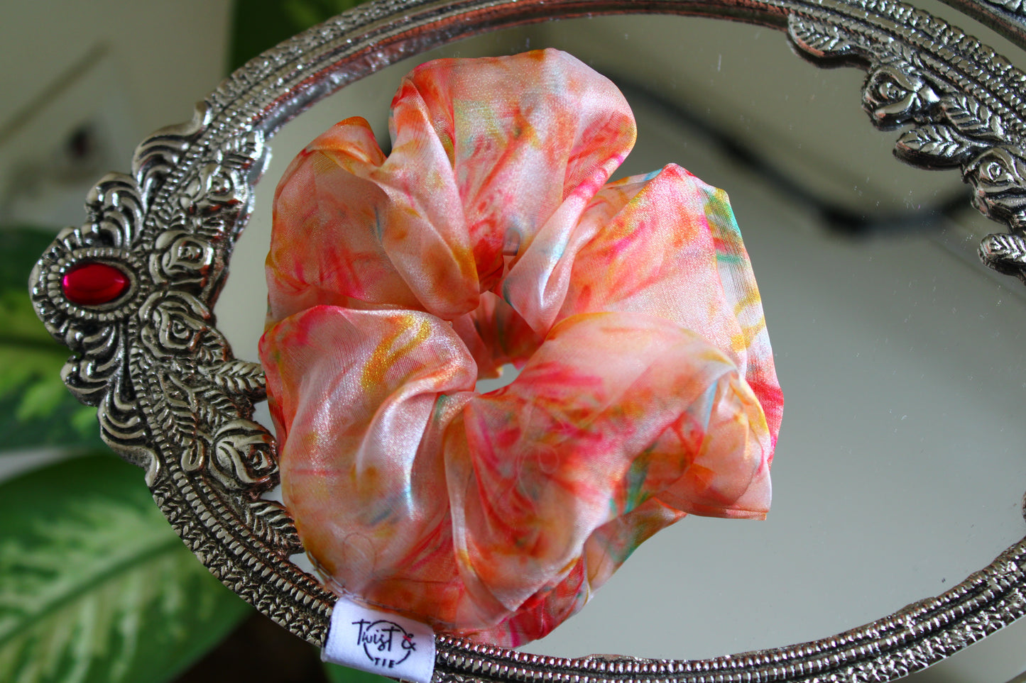Peachy Orange Swirl Organza Scrunchie | Lightweight & Voluminous | Twist & Tie
