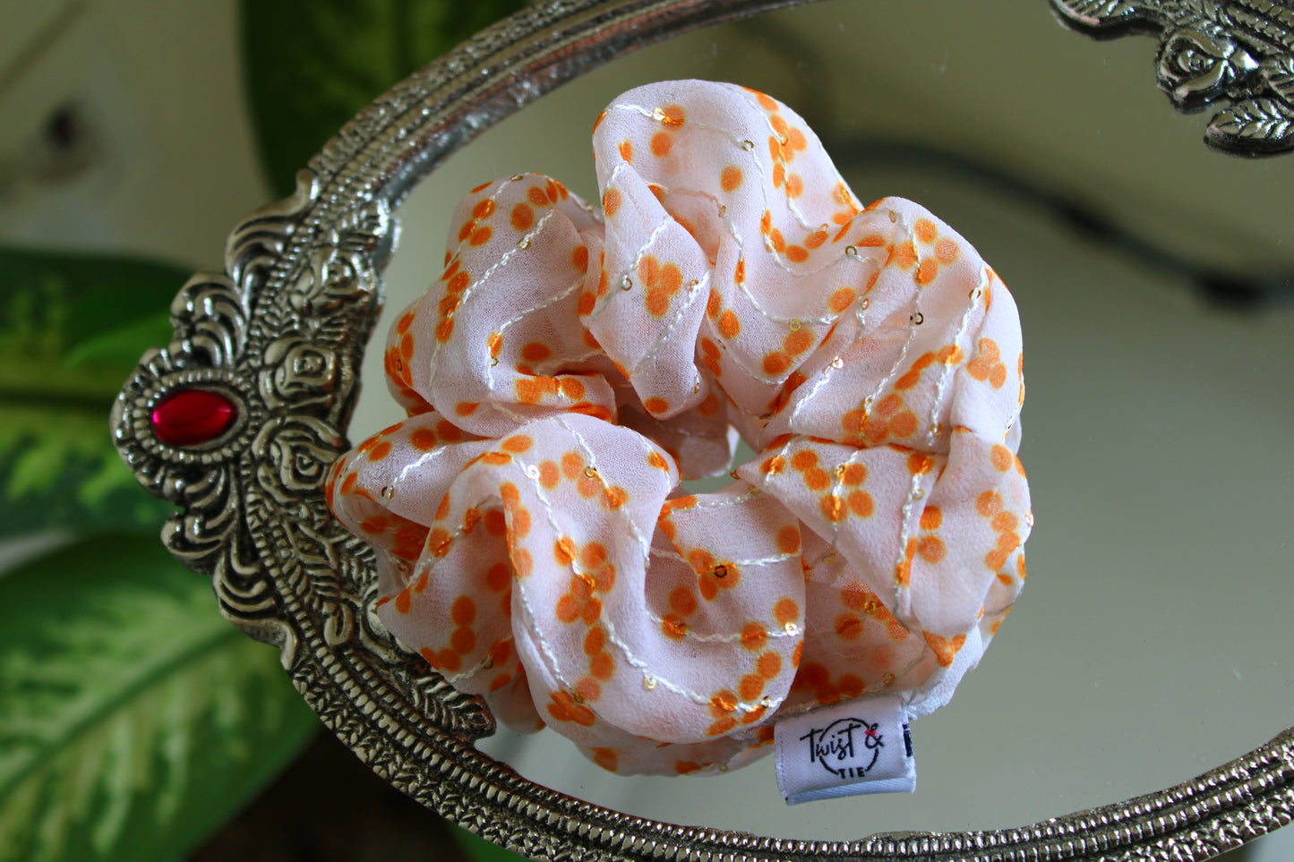 Orange Dot Sequin Georgette Scrunchie | Lightweight & Chic | Twist & Tie