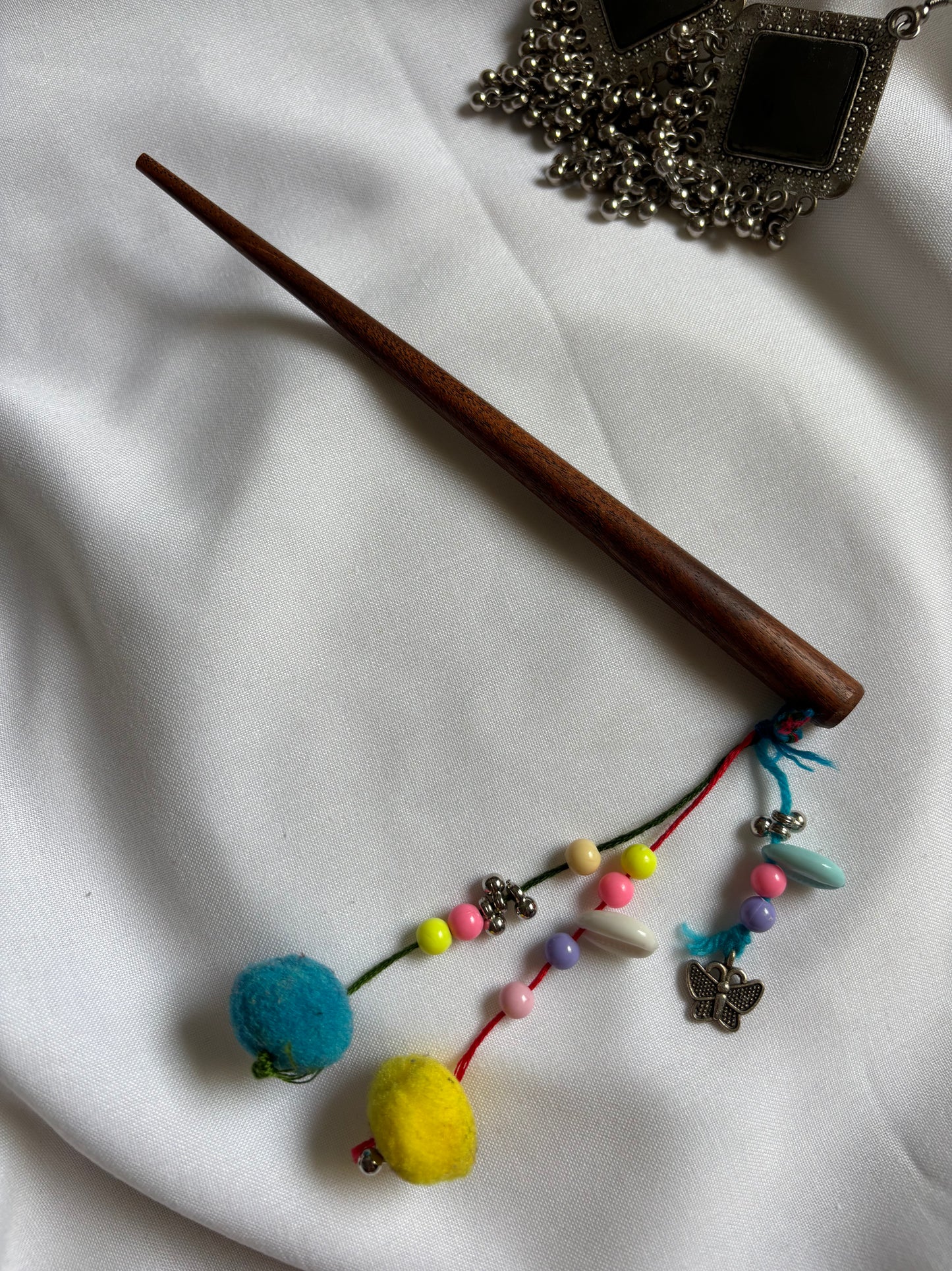 Wooden Juda Stick with Colorful Beads, Pom-Poms & Charms