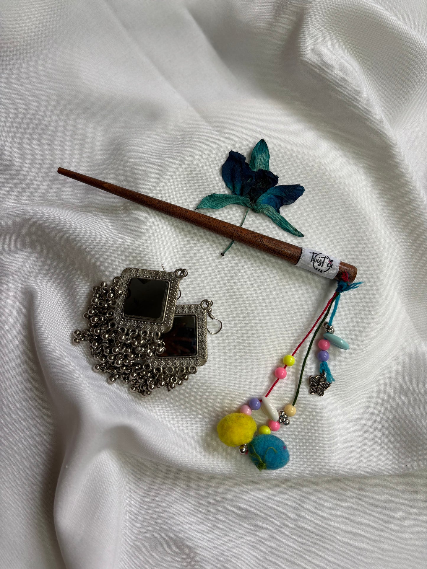 Wooden Juda Stick with Colorful Beads, Pom-Poms & Charms