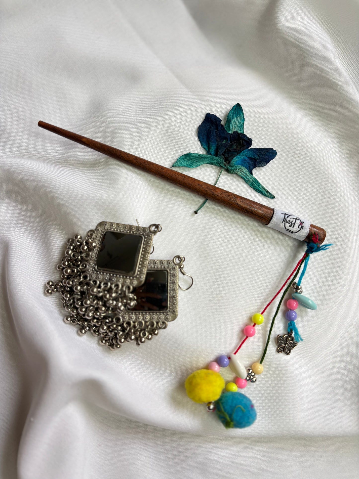 Wooden Juda Stick with Colorful Beads, Pom-Poms & Charms