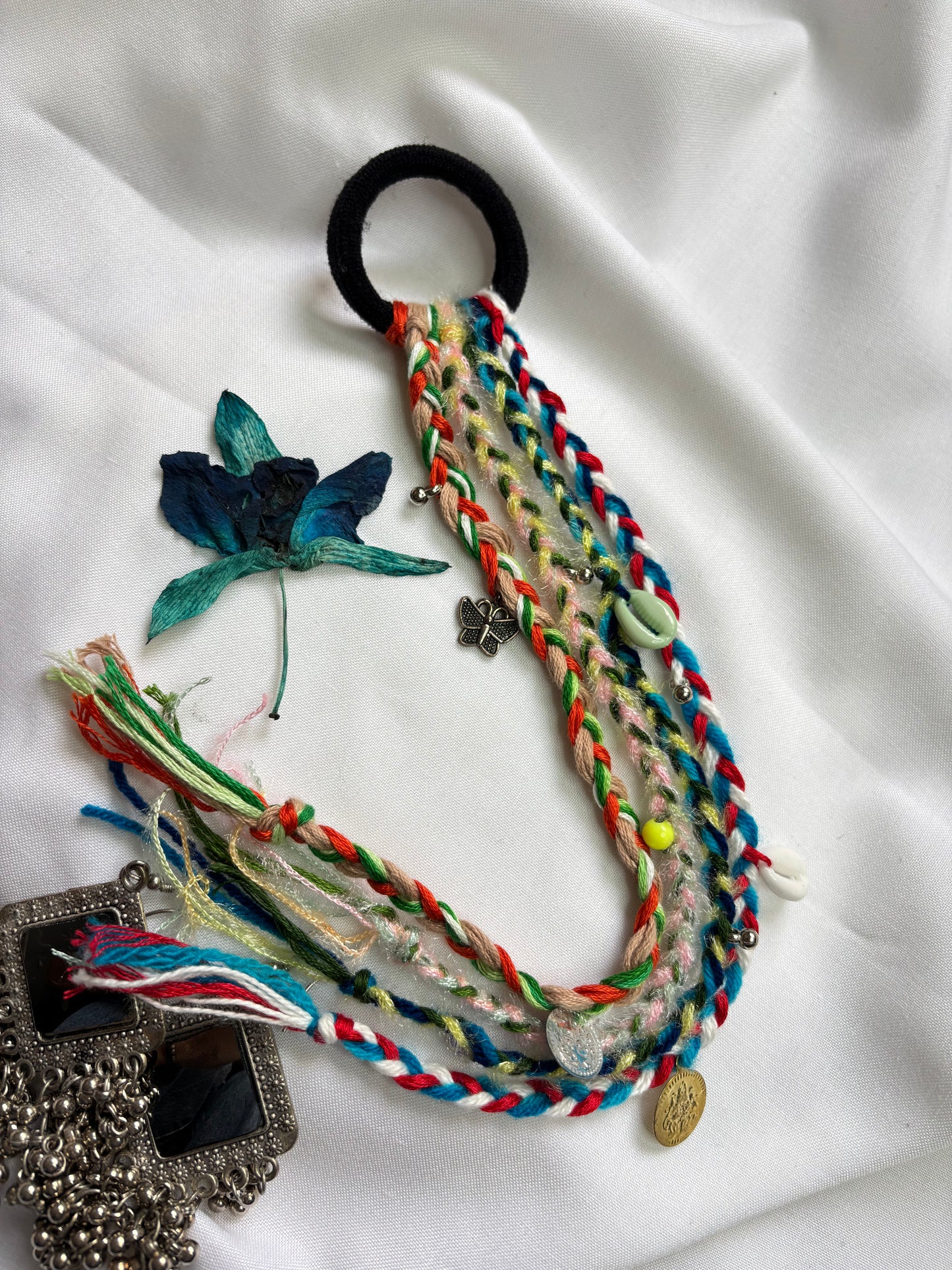Multicolor Braided Rubber Hair Tie with Beads and Charms