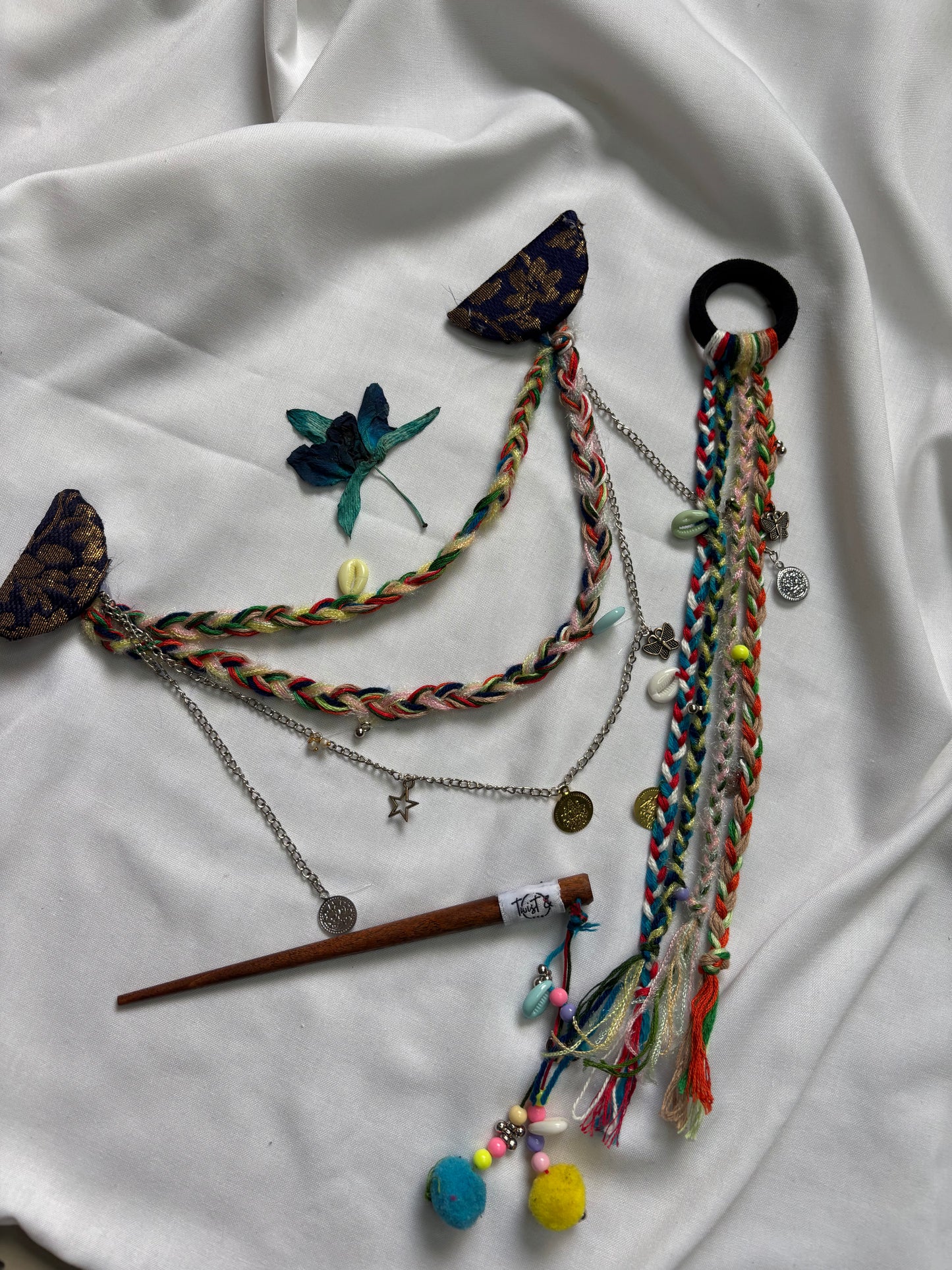 Designer Multicolor Braided Hair Brooch with Charms